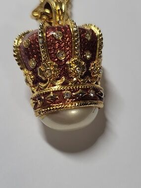 Gold Tone  and Burgundy Crown Pendant Necklace with Pearl Accent Gold Tone Chain